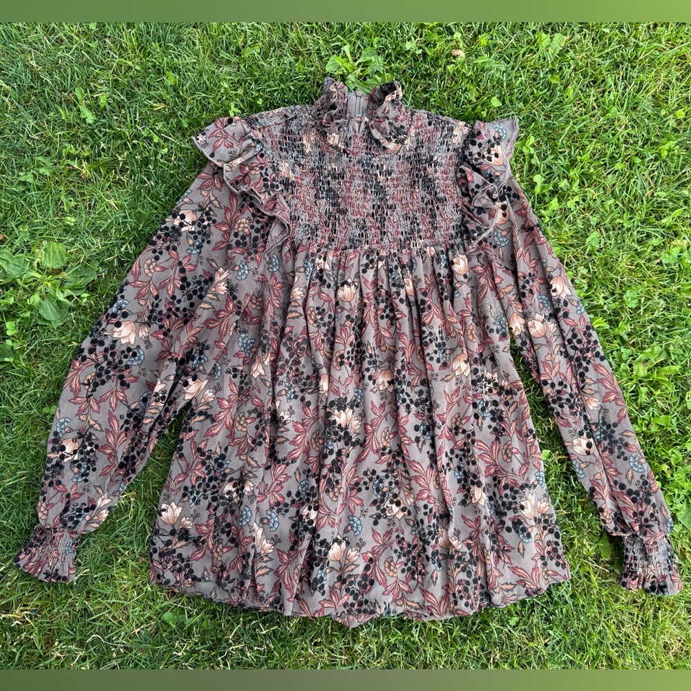 Knox Rose Floral Smocked Blouse Top ruffle detail long sleeve Peplum size XS